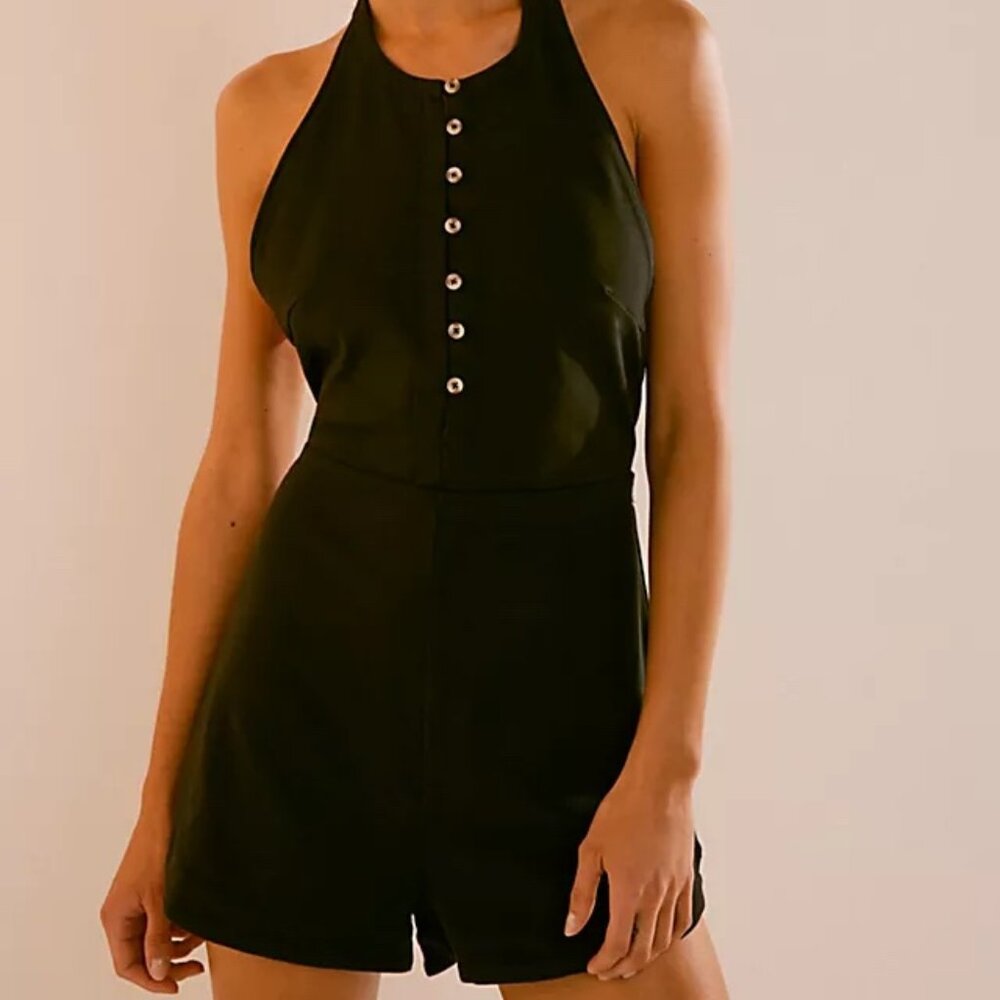 Free People Black Halter Button-Front Romper - Picture 1 of 3